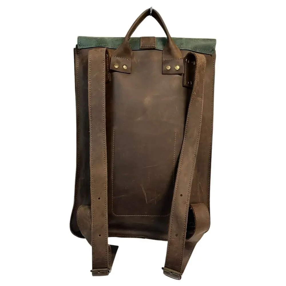 Leather Handmade Backpack Laptop Flap Closure Adjustable Clasp Unisex Brown